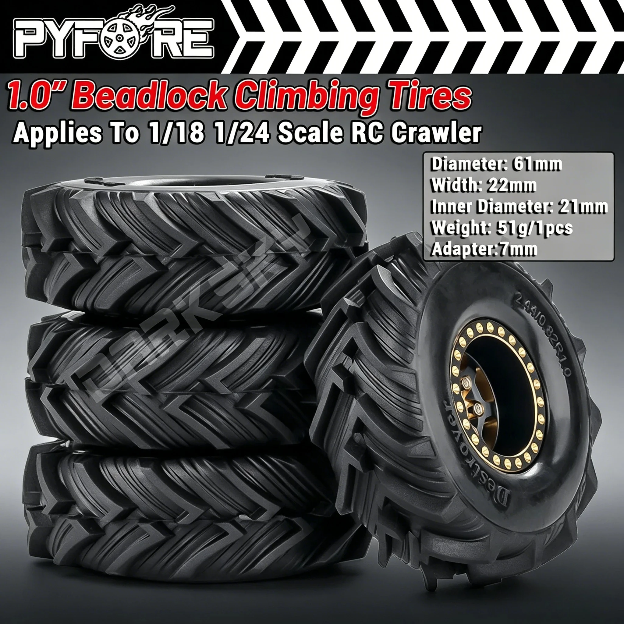 

Шины PYFORE 1.0'' Beadlock для бездорожья, металлические диски-адаптеры 61x22 мм, 7 мм для радиоуправляемых краулеров 1/18 1/16, аксессуары