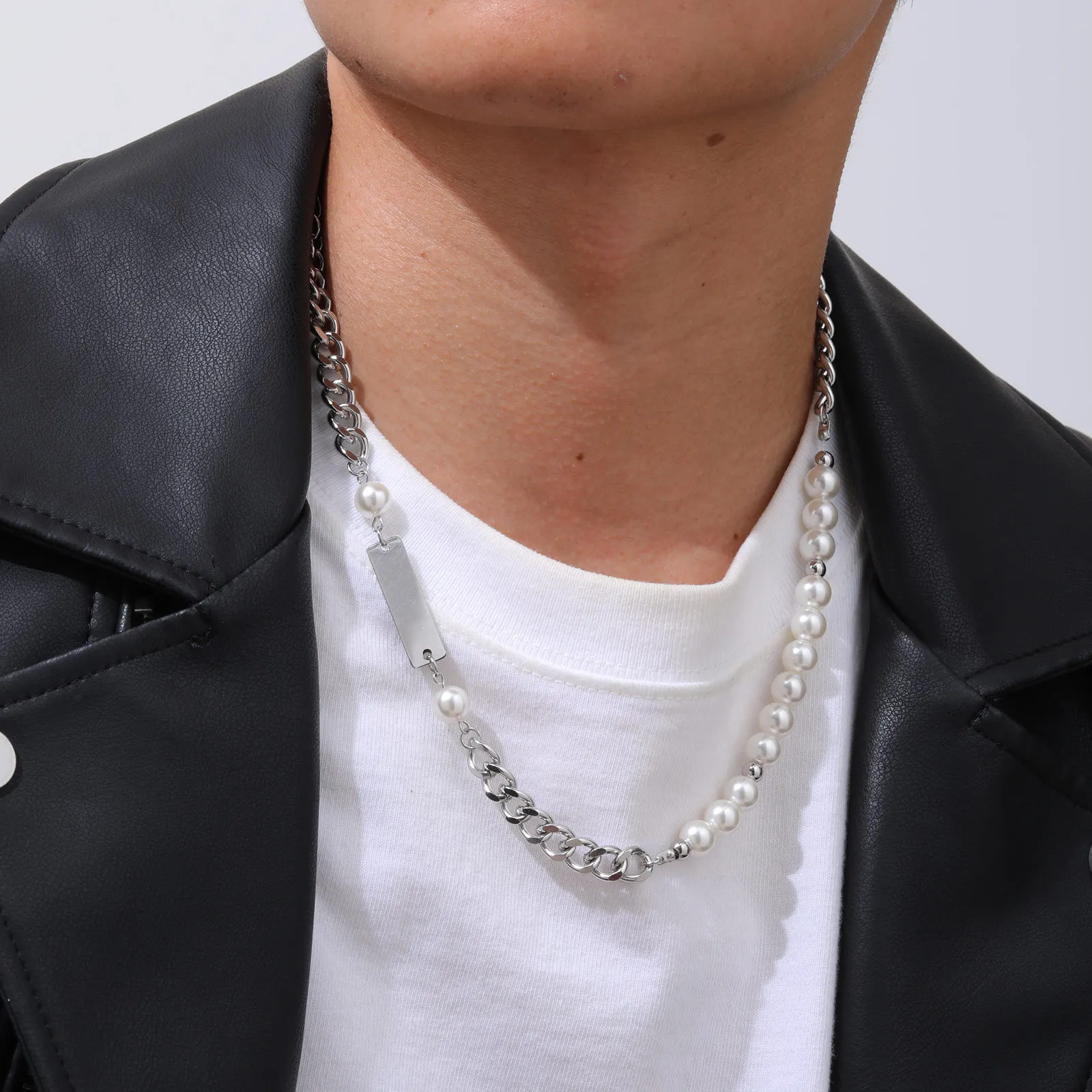 Hip-hop Silver Stainless Steel Cuban Chain Rectangular Brand Imitation Pearl Beaded Matching Necklace For Women Mens 22inch 1846