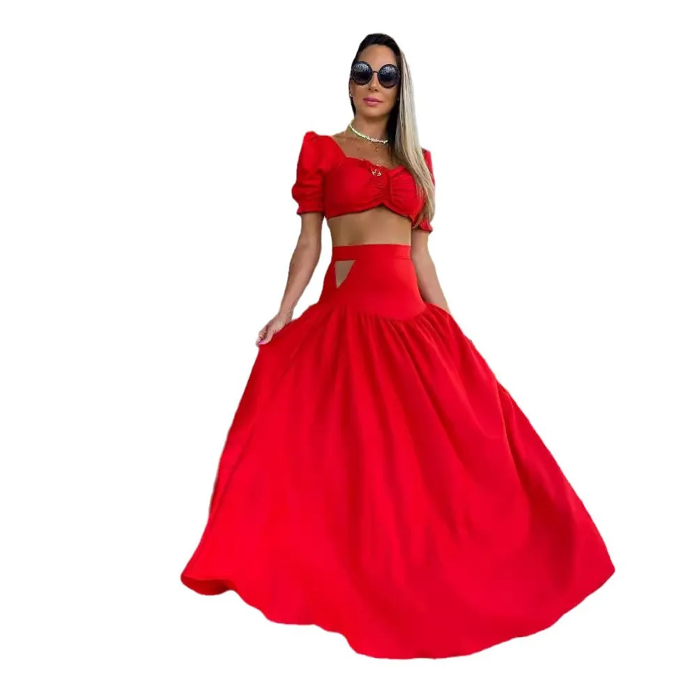 Nieuw model 2022, tweedelige splitrok met effen taille en korte mouwen, elegant damespak met temperament