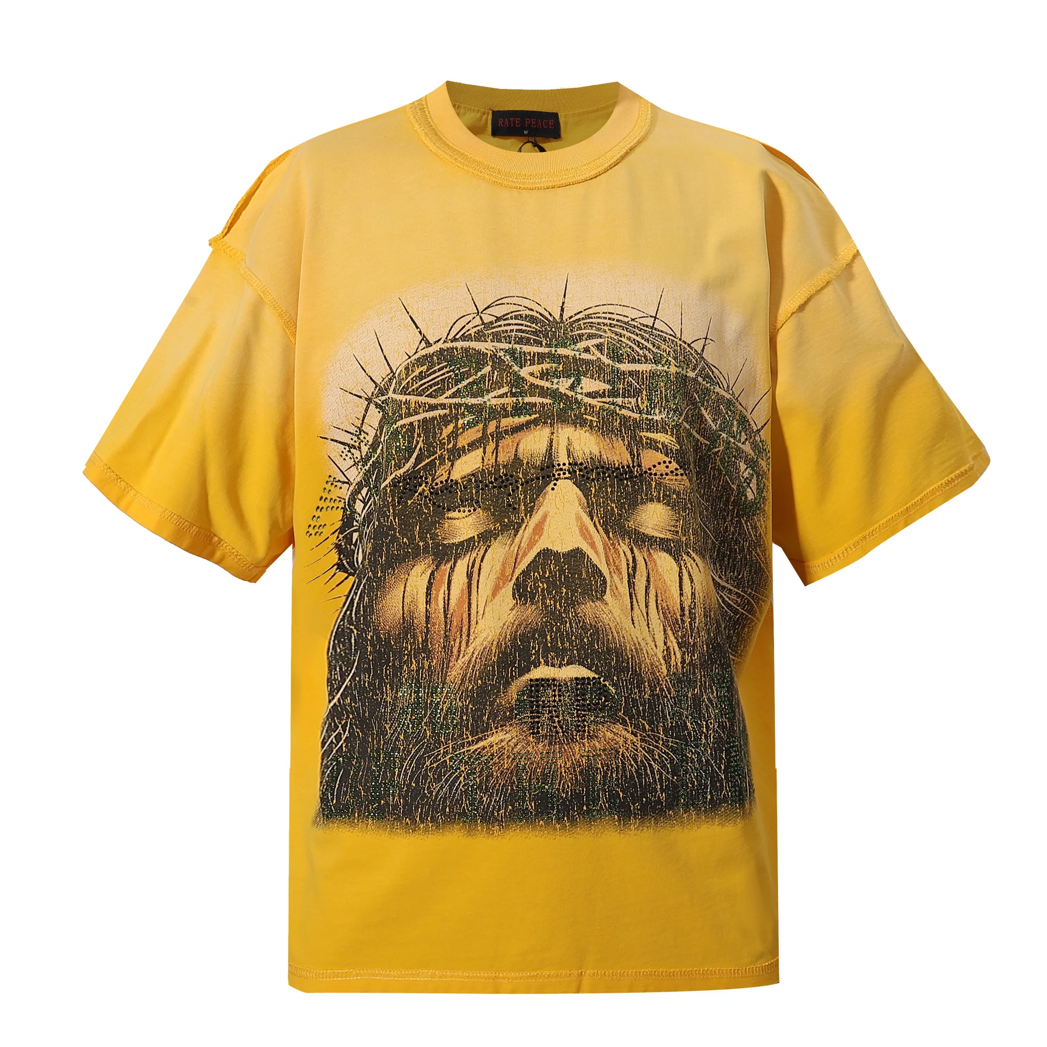Men's Yellow Washed Tshirts Casual Jesus Thorn Crown Print Graphic Oversized Tee Streetwear Vintage Short Sleeve Cotton T-shirt