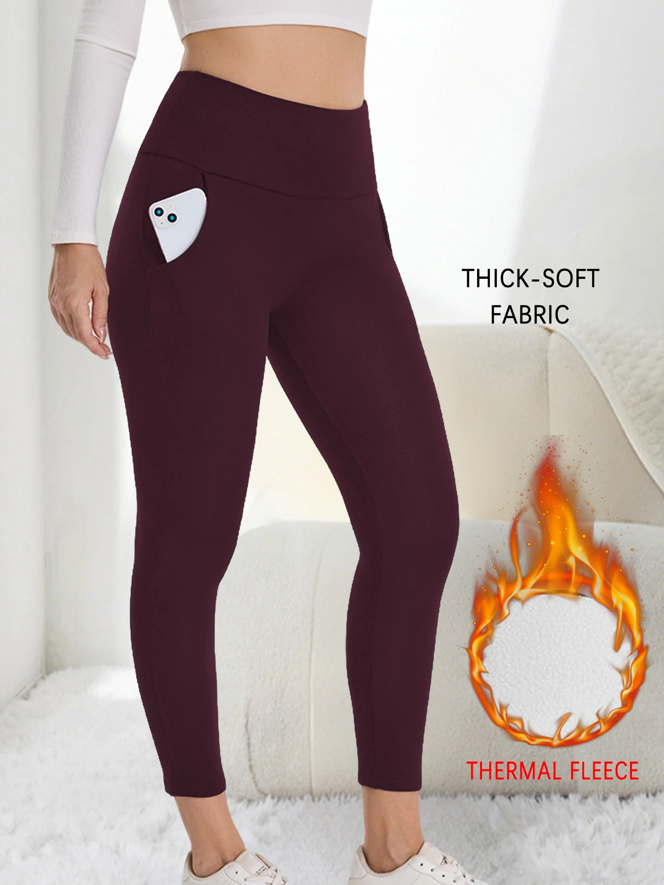 سراويل شتوية حرارية عالية الخصر مع جيوب للنساء مع نسيج سميك ناعم للتحكم في البطن #1