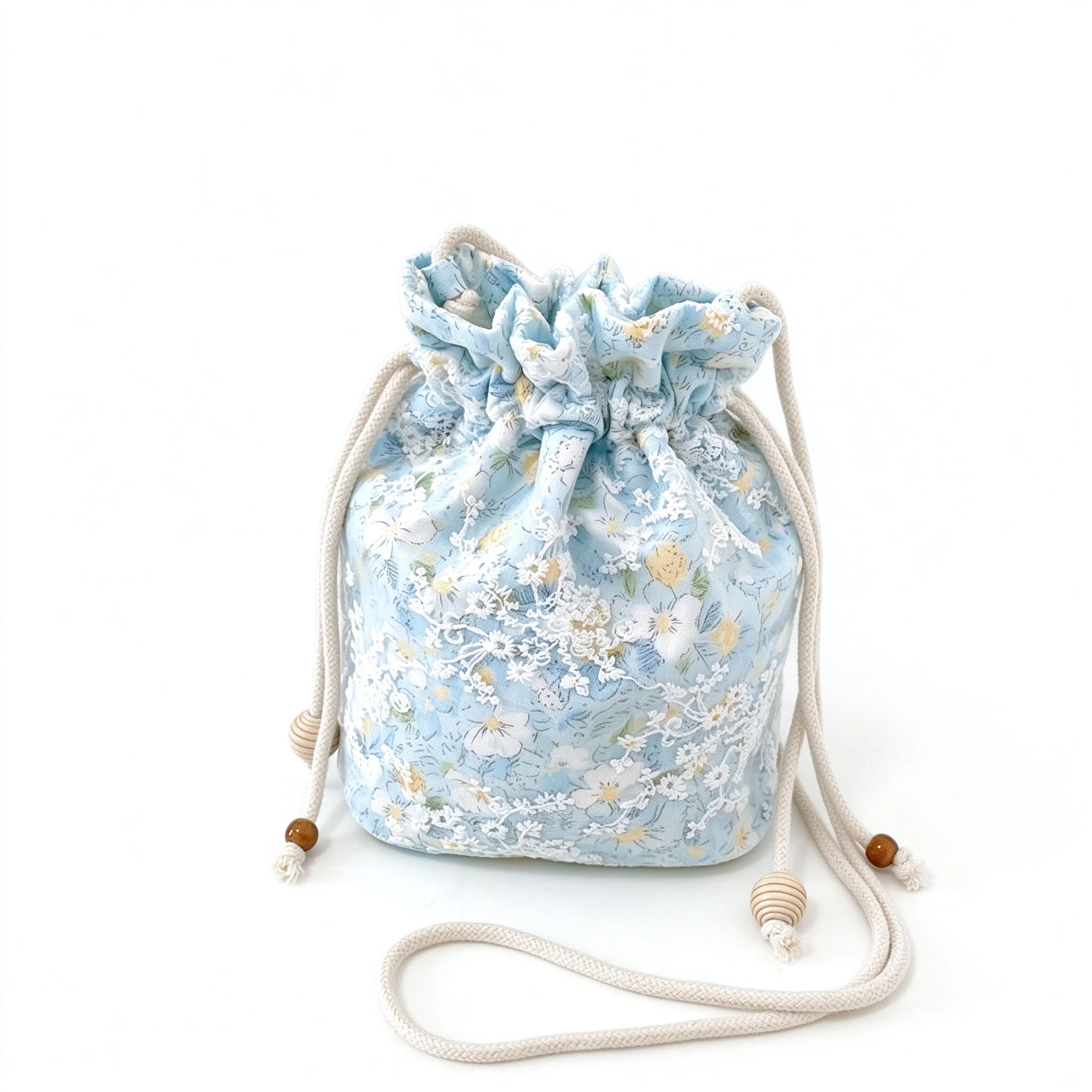 Khaki White Green Blue Pink Ditsy Floral Drawstring Crossbody Bag Cotton Linen Phone Pouch Vintage Mori Bucket Purse For Girls