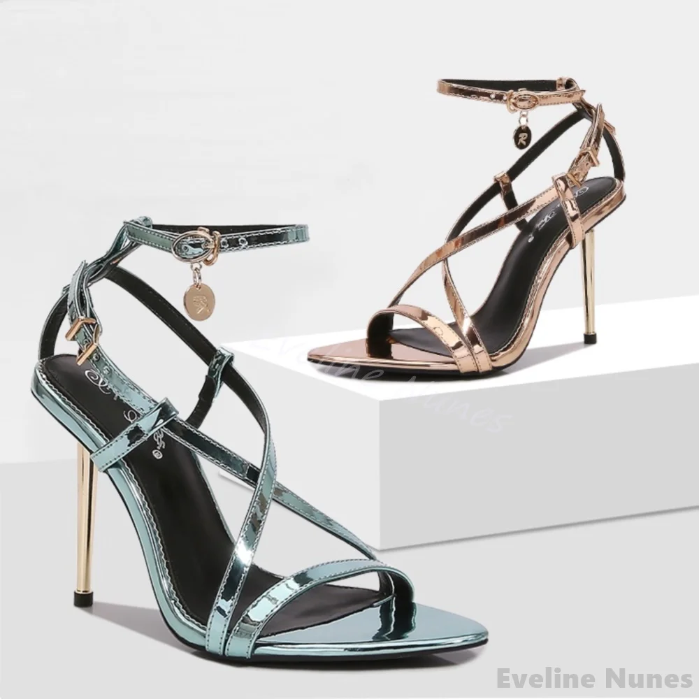 

Sexy Cross Strap Peep Toe Sandals Women Pointed Toe Hollow Ankle Strap Stiletto Heel Sandals New Fashion Patent Leather Sandals