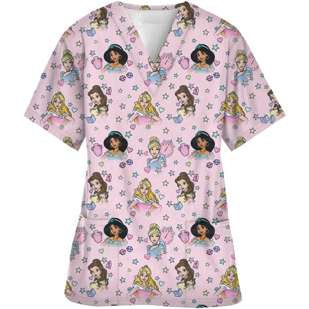 Disney Princess Print Women\'s Nursing ClothingTop Accessories Doctors Medical Uniform Hospital Nurse Beauty Salon Scrubs Top