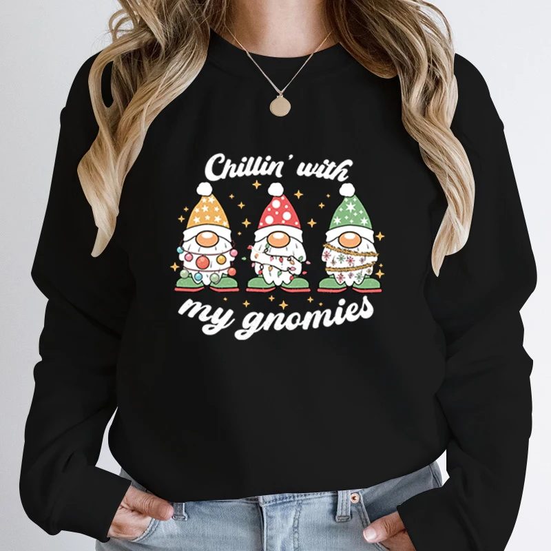 Women Hoodless Sweatshirts Christmas Light Chillin\'with My Gnomies Print Round Neck Pullover Christmas Solid Color Pullover Tops