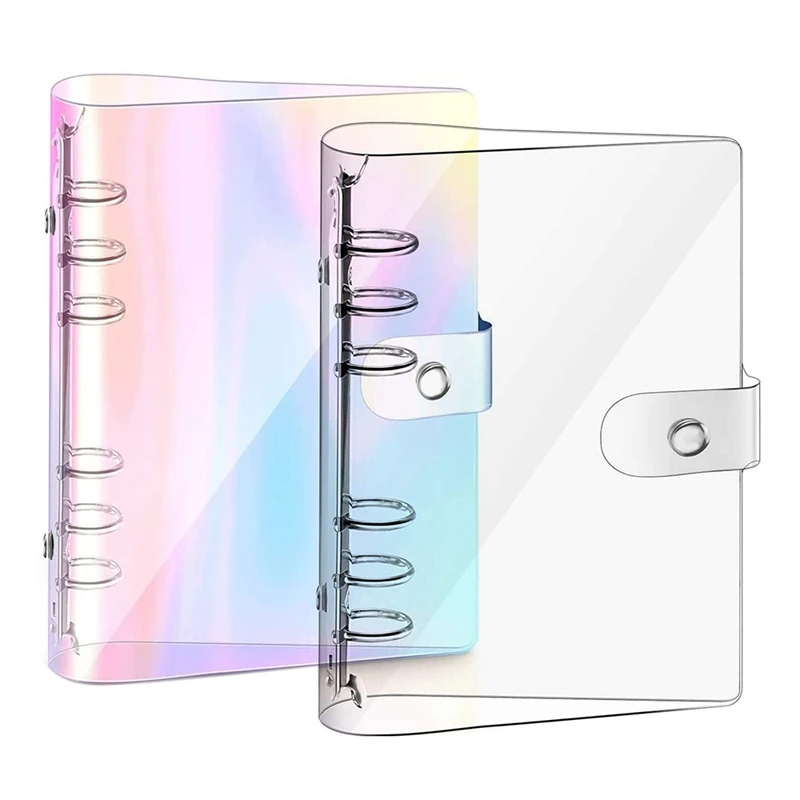 2 Pcs A6 6-Ring Rainbow Clear PVC Binder Cover Refillable Notebook Binder Protector Loose Leaf Planner Binder Cover Multicolor