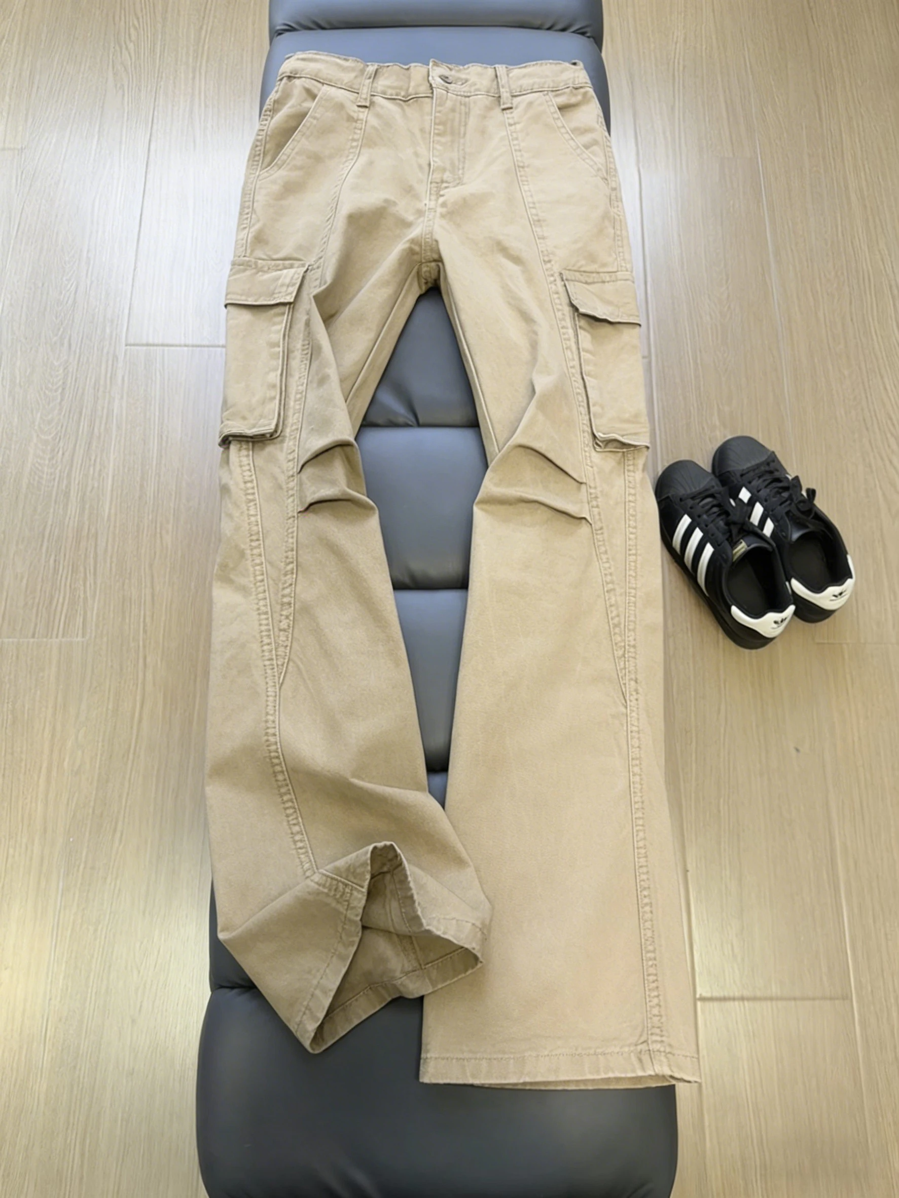 

Мужские брюки-клеш цвета хаки для работы, повседневные хлопковые джинсы, осенне-зимние, в стиле High Street, Cleanfit, модные