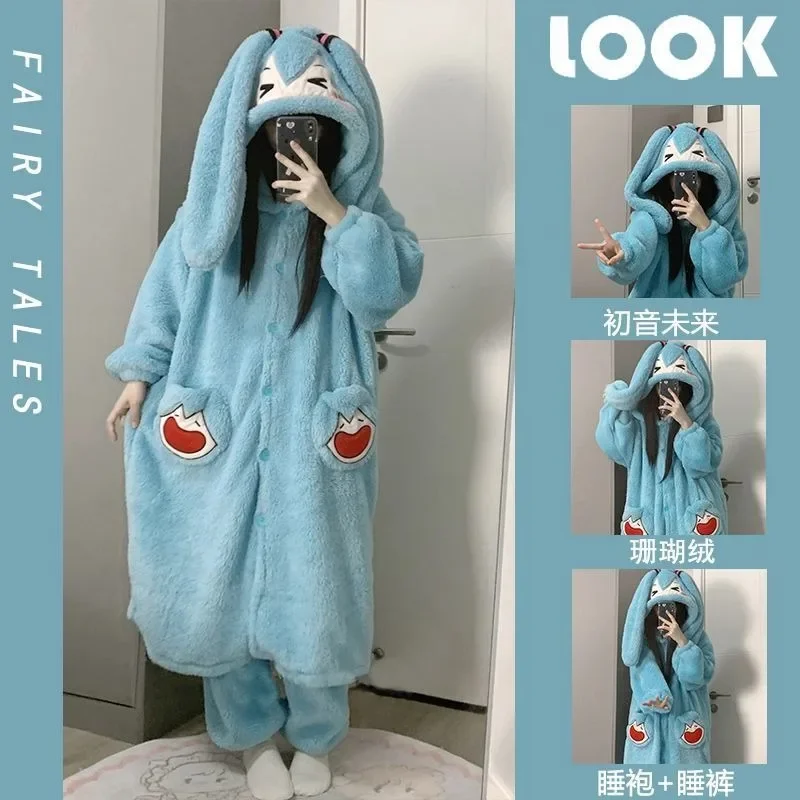 Hatsune Miku Coral Velvet Pajamas Cartoon Cartoon Cartoon Girl Winter Plush Thickened Warm Home Clothes Pajama Set Girl Gift