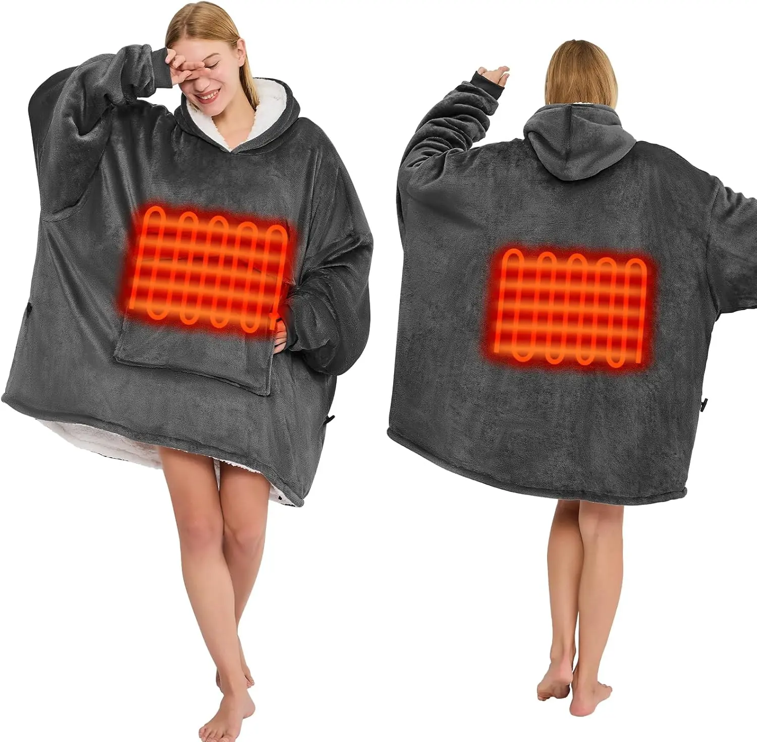 بطانية بغطاء للرأس قابلة للارتداء، لاسلكية محمولة مع 3 إعدادات للحرارة وبنك طاقة، رمادي