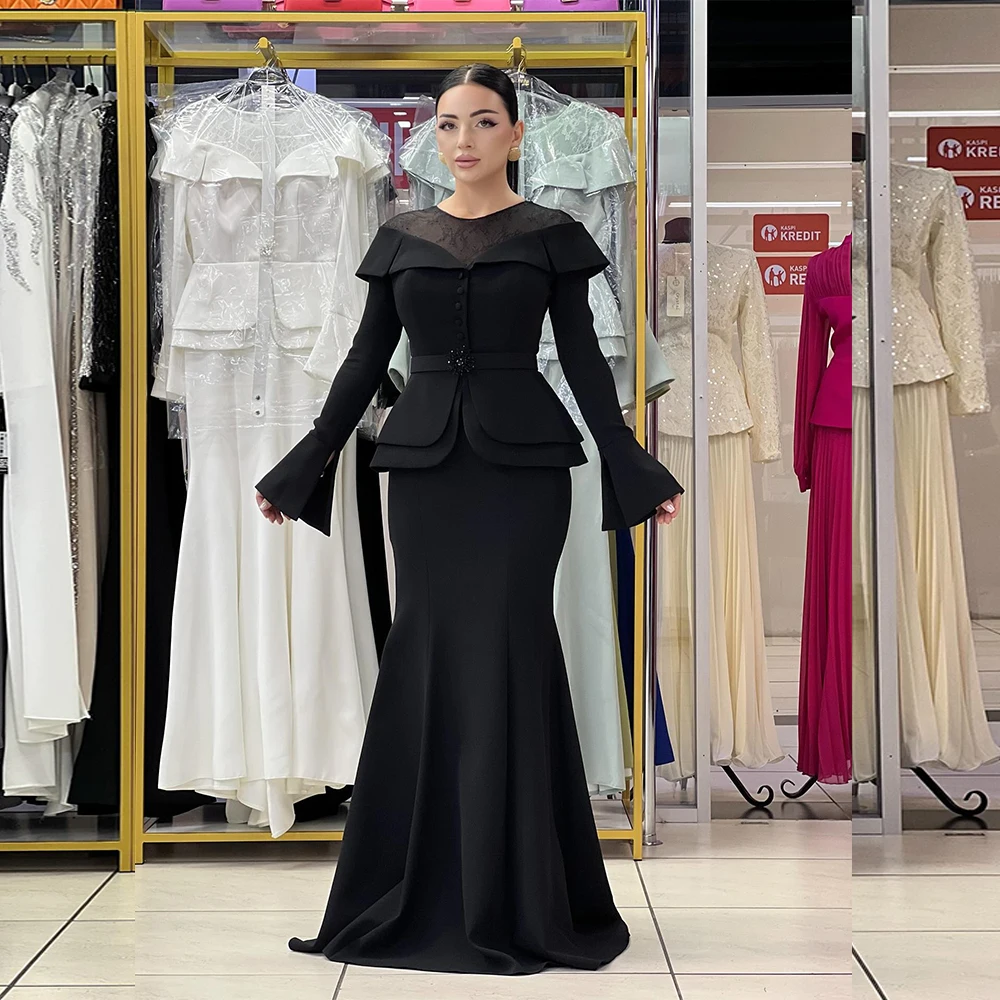 

Customized Elegant Party Dresses Luxury 2025 Women Floor Length Wedding Guest Dress Lace Neck Flare Sleeve Formal Evening Gowns