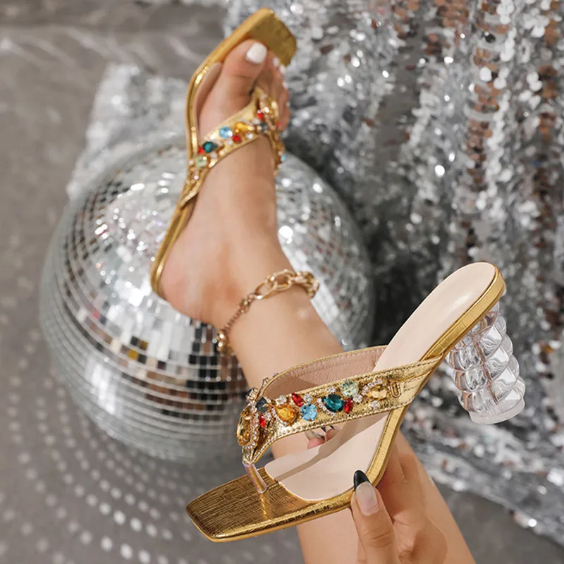 Diamond sandals 2024 summer women's new fashion thick heel glass shoes sexy temperament transparent sandals