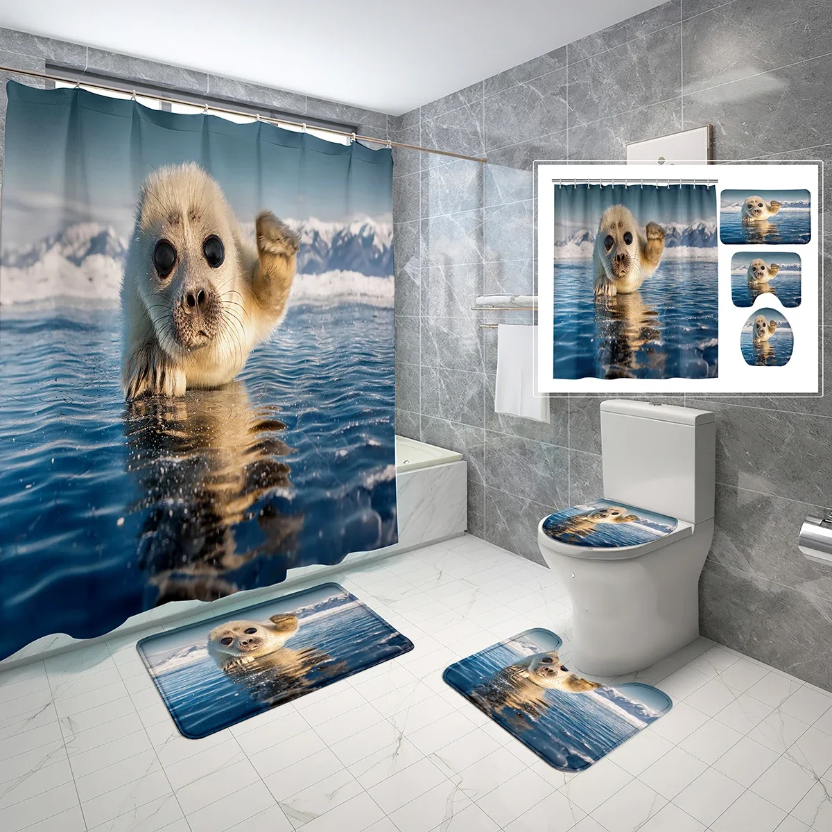 

4 Piece Set Funny Seal Shower Curtain Ocean Sea Lions Underwater World with Non-Slip Rug, U Shape and Toilet Lid Cover Mat