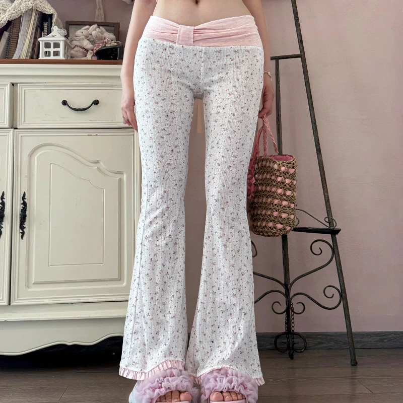 Koreanische Frühling Bogen Niedrige Taille Floral frauen Ausgestelltes Hosen Original Design Gestrickte Abnehmen Rosa Spleißen Rüschen Lange Hosen Damen