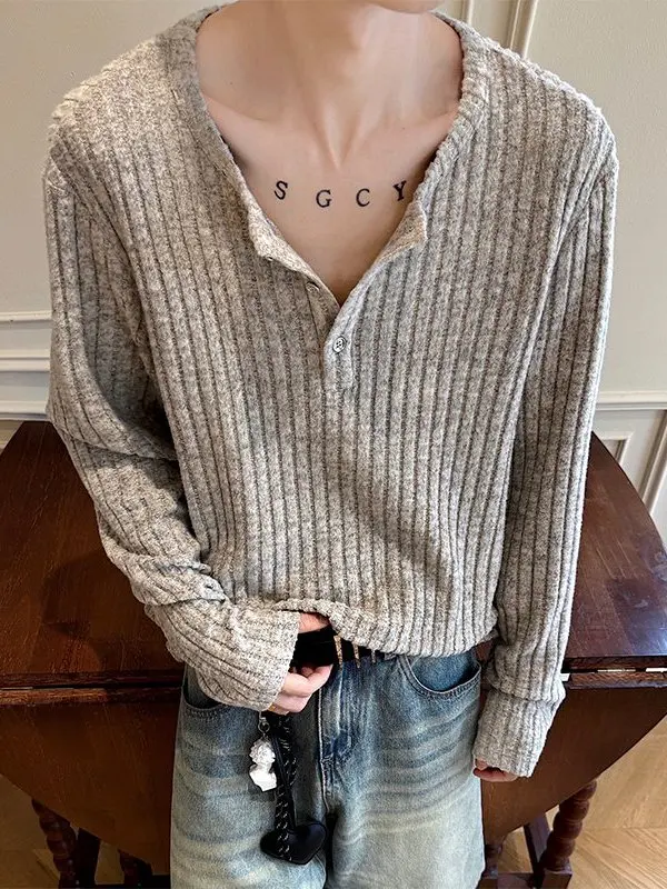 

TANGZ Studio Men's Long Sve T-irt Vintage Henry Collar Striped Texture Lazy Sle Crew Ne Sweatirt Youth Faion