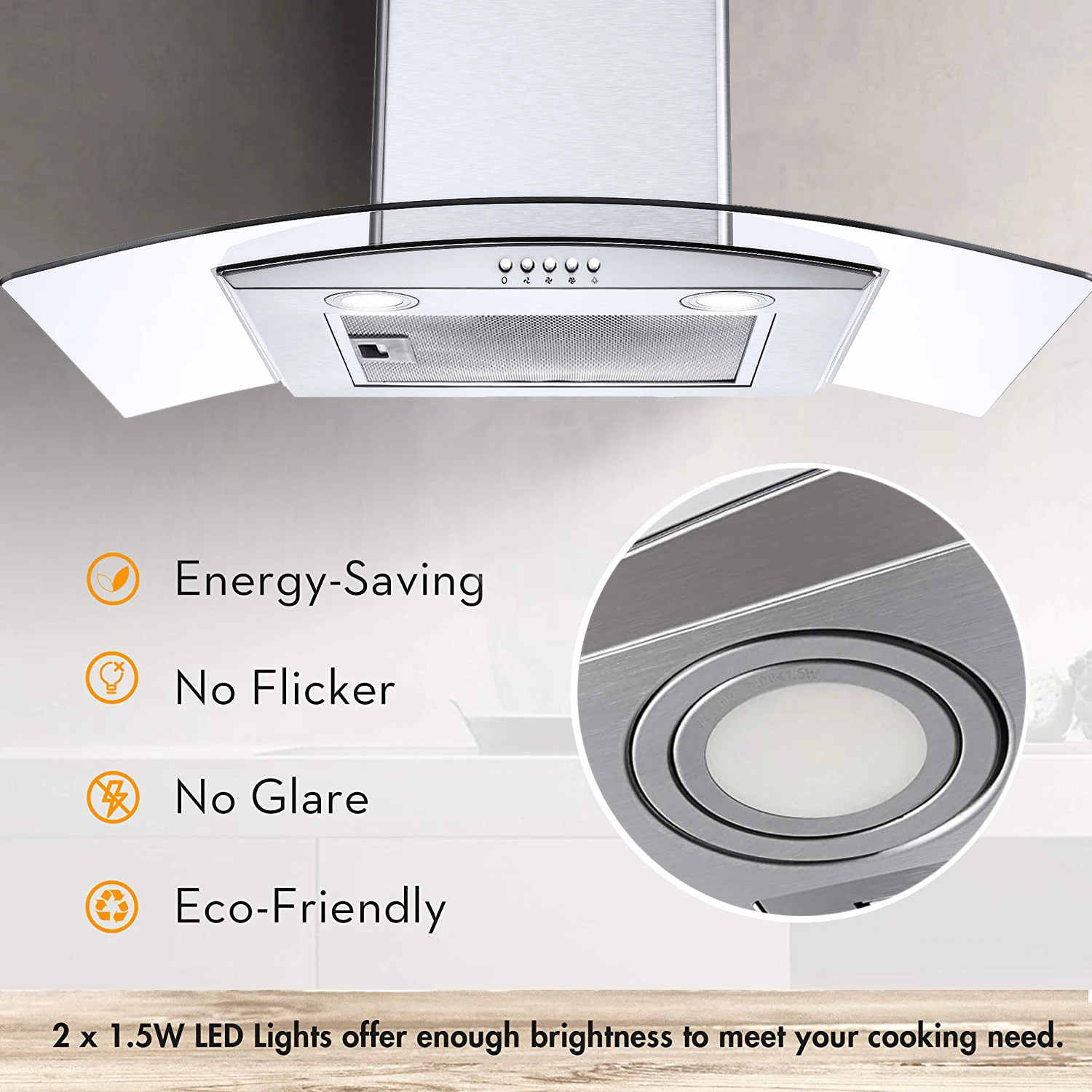 Wall Mount Kitchen Hood , Stainless Steel Chimney and Aluminum Filters, LED Lights, 3 Speed Fan