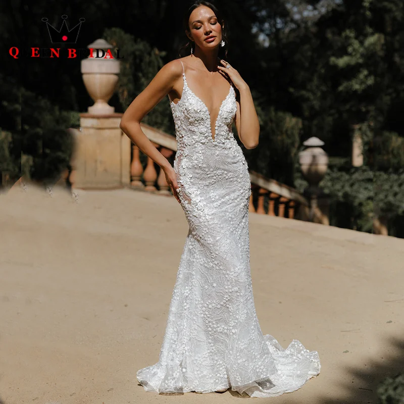 Deep V Mermaid Wedding Dresses Sleeveless Spaghetti Straps Backless Appliques Beading Bridal Gown Robe De Mariée Custom Y26X