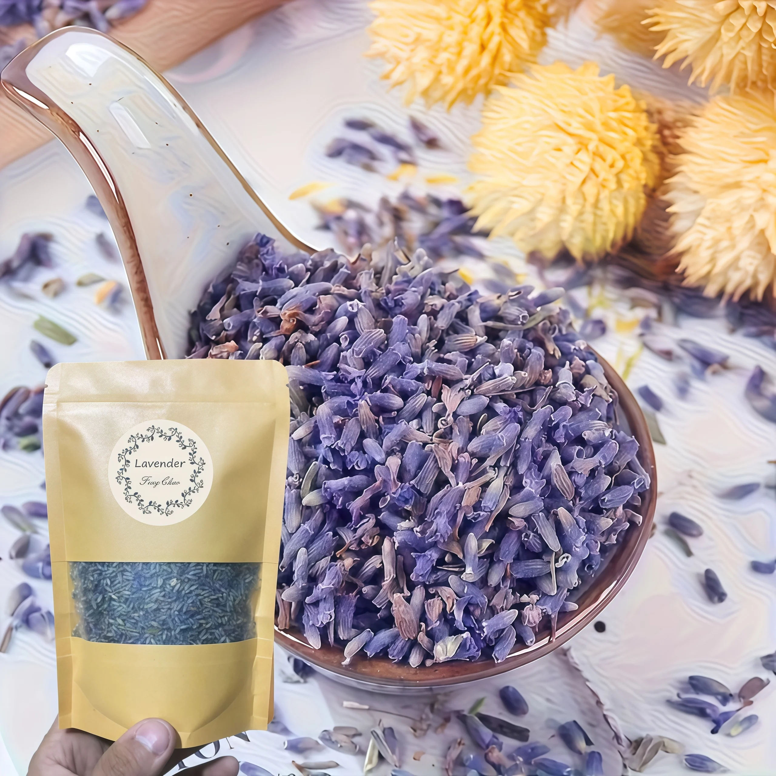 Bolsa de papel Kraft de alta sellado de 30 g con etiqueta exquisita, flores de lavanda secas, lavanda francesa para hacer bolsitas, artesanías de jabón y velas, adecuadas para cajones, armarios, bolsas de decoración del armario, primera opción para regalos navideños, sin necesidad de electricidad