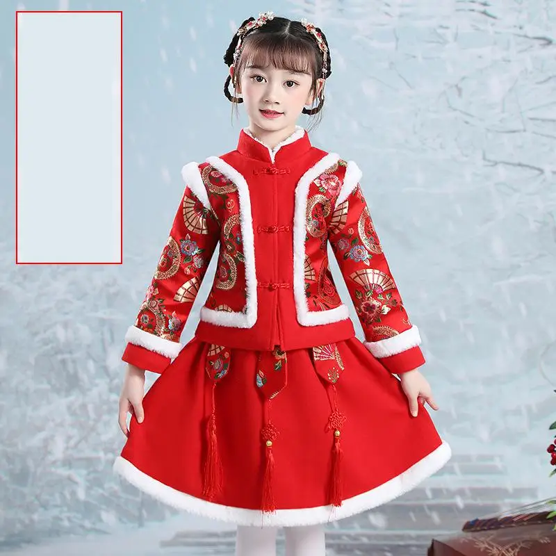 Winter Children Embroidery Ancient Hanfu Chinese Lovely Tang Suit Girls New Year Dress Kids Cotton-padded Clothes