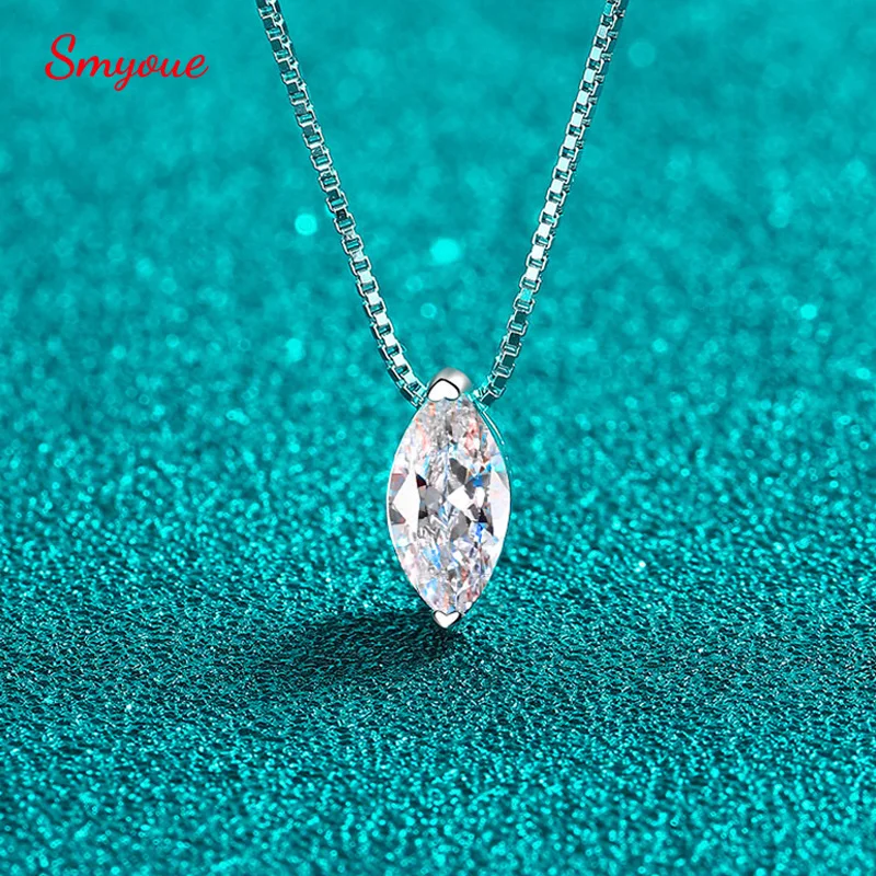 Smyoue 1CT Marquise Cut Moissanite Necklace for Women Box Chain 5*10mm Stone S925 Sterling Silver Pendant Lab Diamond Jewelry