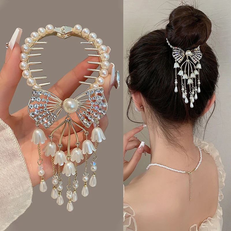 Retro Bell Orchid Flower hair clip women bowknot tassel hair claw girls Elegant Crystal Ponytail Buckle Hair Accessories Korean