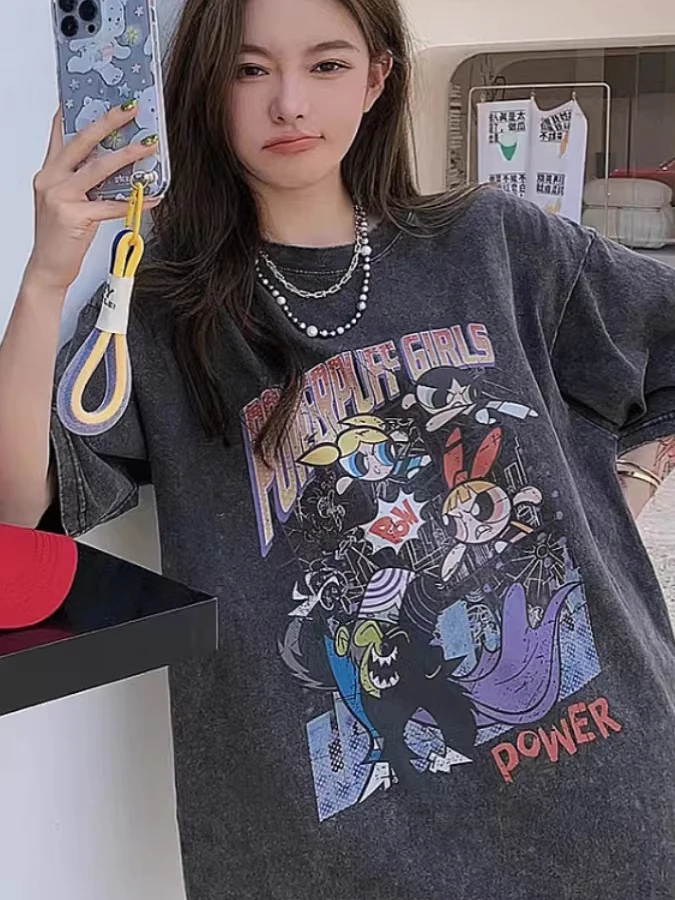 Vintage Washed Short Sleeve T-Shirt plus Size 300 Pounds Women Summer Trendy Loose Couple Style Top Fat MM Cartoon Design