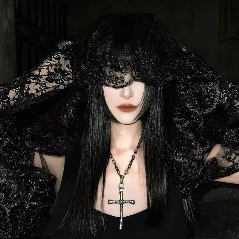 

Halloween Props Black Lace Veil Ghost Bride Dark Witch Nun Princess Gothic Accessories Vintage Medieval Cosplay Cross Necklace