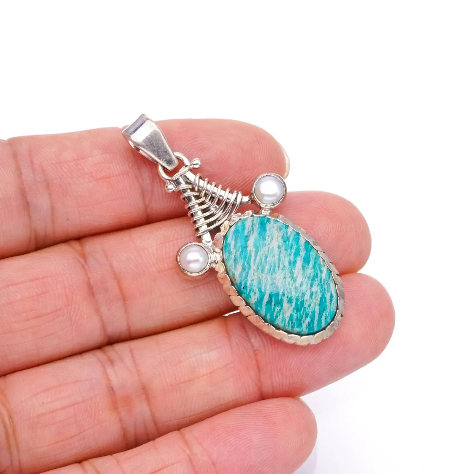 

StarGems® Natural Amazonite and River Pearl Boho Style 925 Sterling Silver Pendant 2" S0304