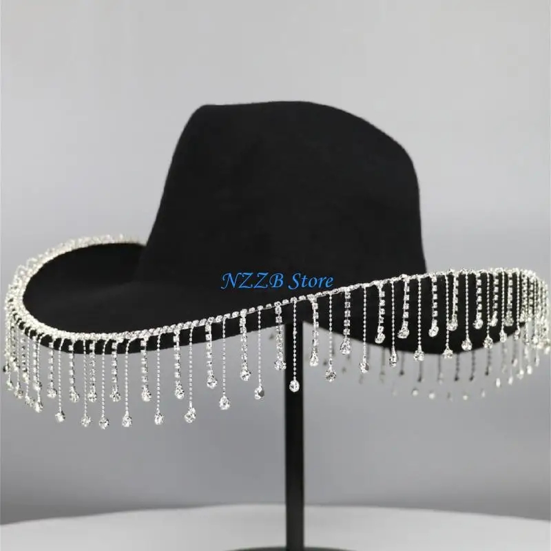 

T21F Vacation Cowboy Hat Tassels Hand Beading Crystal Surprise Gift for Girl Boys Cowgirl Hat for Carnivals Music Festival