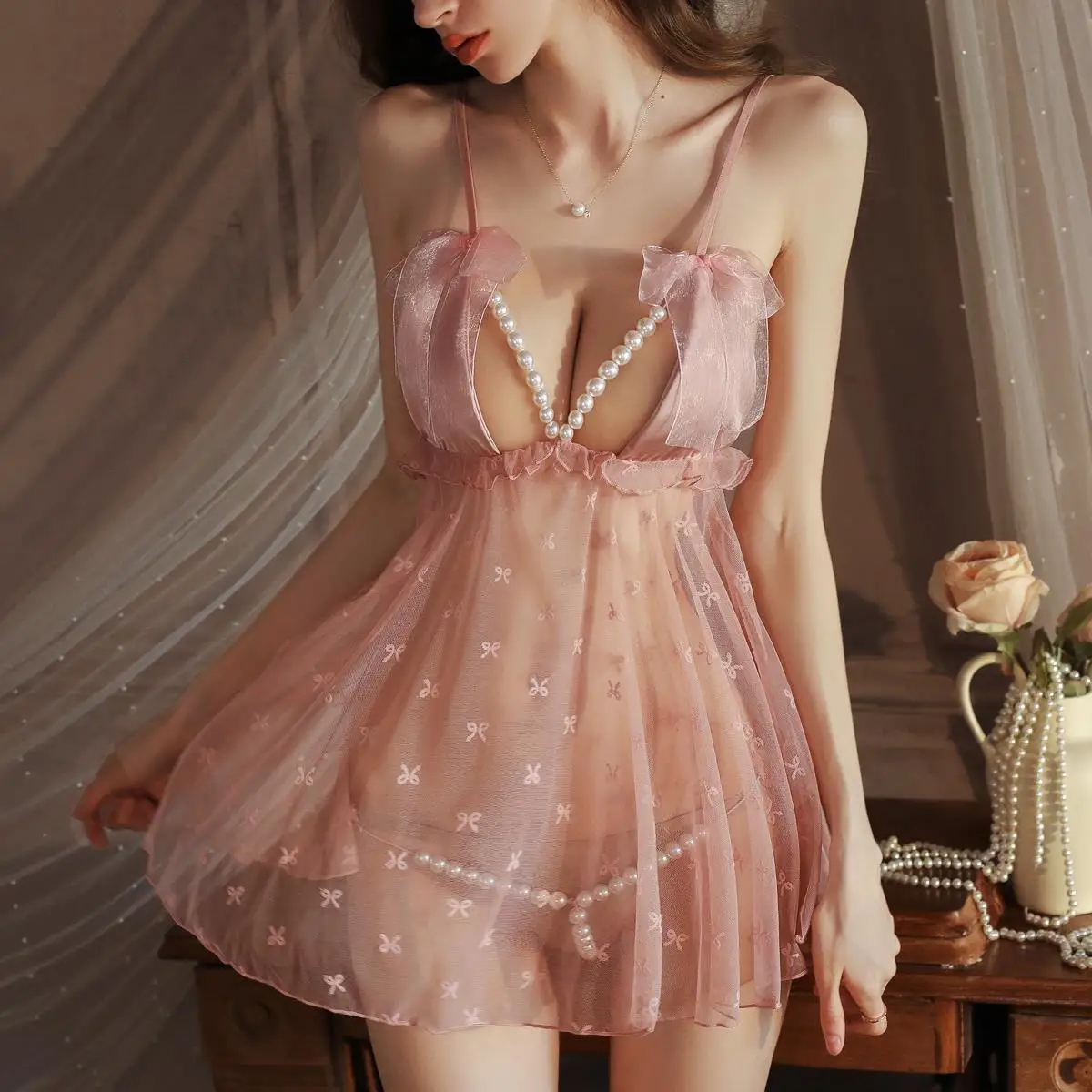 

Hot Selling 2-piece Set With Perspective Sexy Backless And Shoulder Less Sleepwear Printed Women's Suspender Bow Temptation Vest