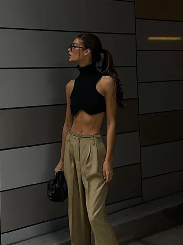 Y2k nero maglia dolcevita Crop Top donna Sexy irregolarità Skinny elasticità canotta Fashion Club Top Streetwear