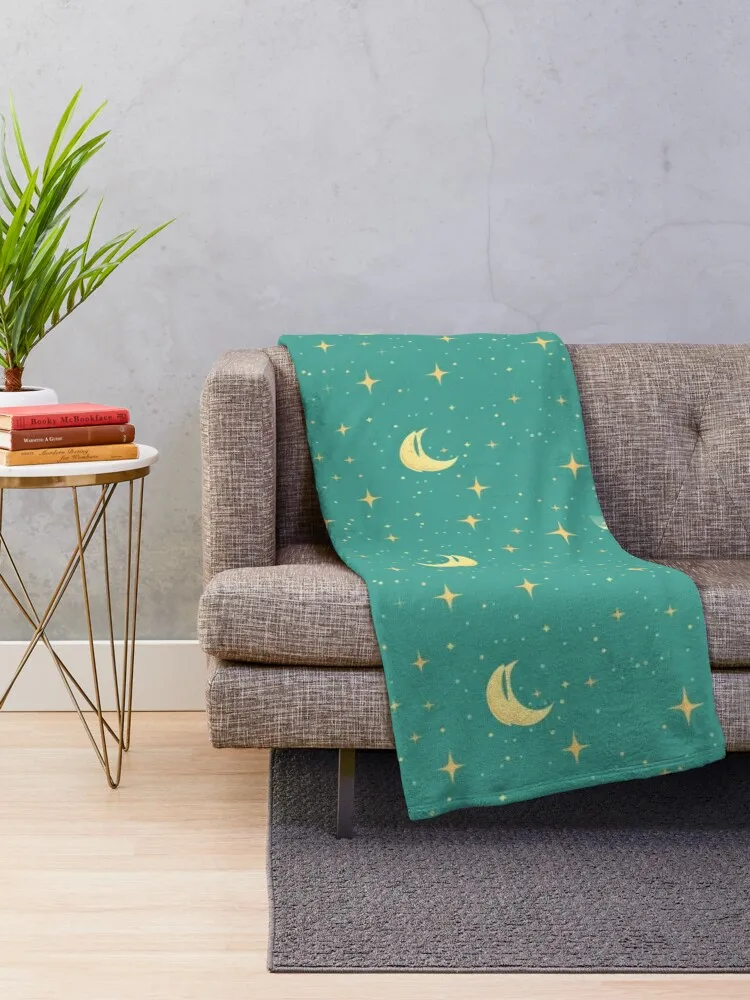 Celestial Dreams in Aqua Night Sky With Stars and Moons Throw Blanket Polar Decorative Throw manga Comforter Blankets