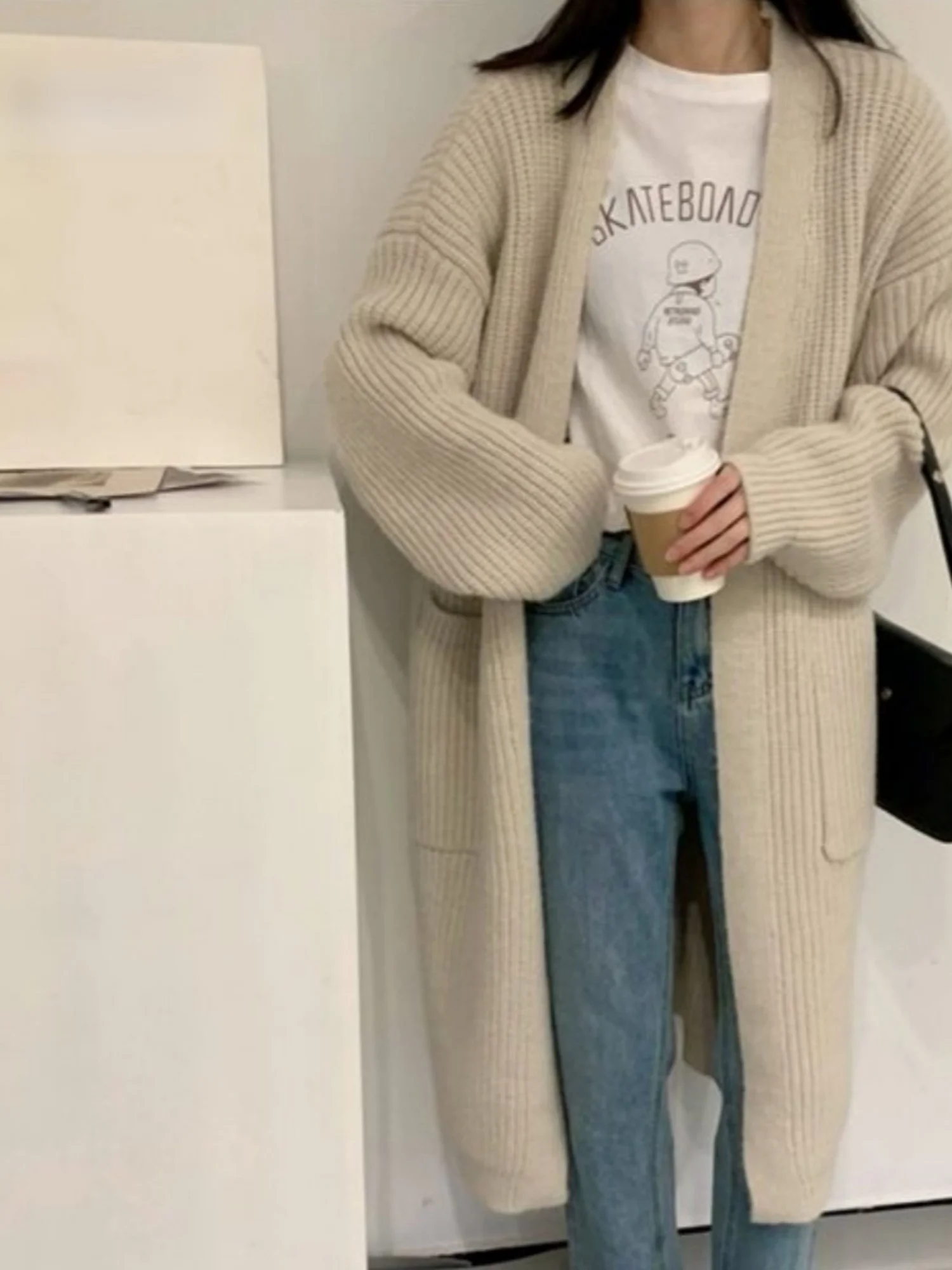 Korean Style Long Sleeve Thickened Lazy Pocket Knee-Length Overcoat Mid-Length Knitted Cardigan Outerwear for Women
