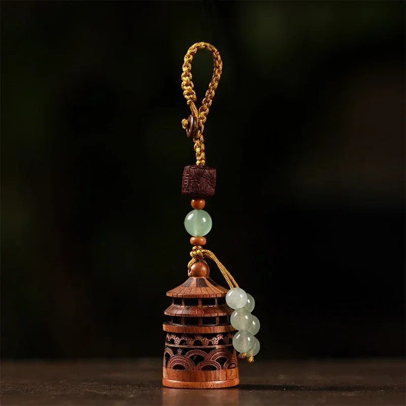 Wood Red Precious Treasure Hollow Carved Temple Heaven Incense Box Creative Keychain Travel Commemorative Gift Ethnic Decoration