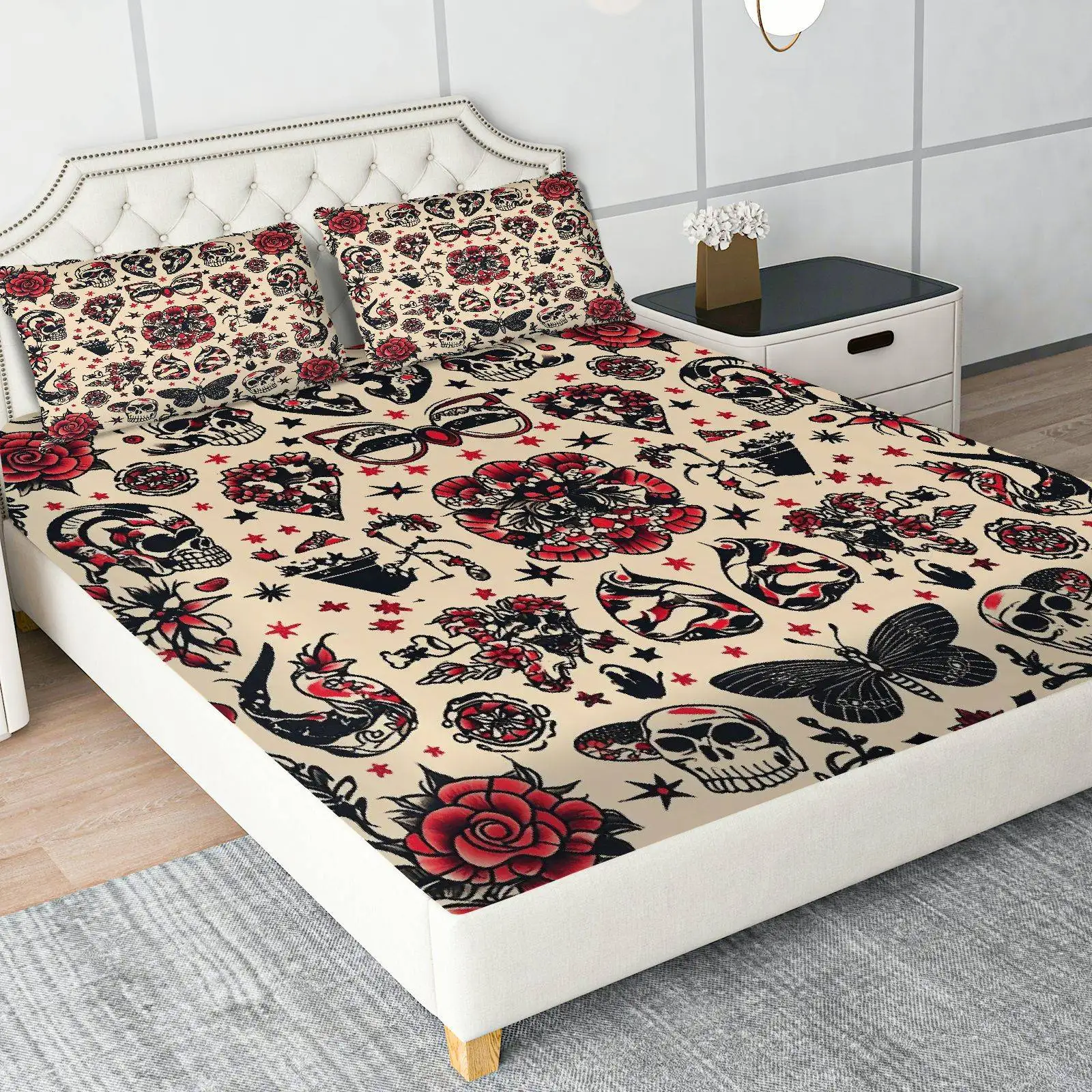 A Three-Piece Set That Includes One Fitted Sheet and Two Pillowcases, Featuring a Halloween-Themed Design with Skull, Rose, and Heart Patterns This Gothic Tattoo Bedding Is Soft and Breathable, and Can Also Be Used as a Mattress Protector.