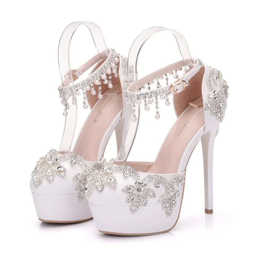 Summer New Women Slingbacks Sandals Open Toe Pumps Rhinestone PU 14CM Thin Heels Sweet Round Toe Dress Woman Shoes White