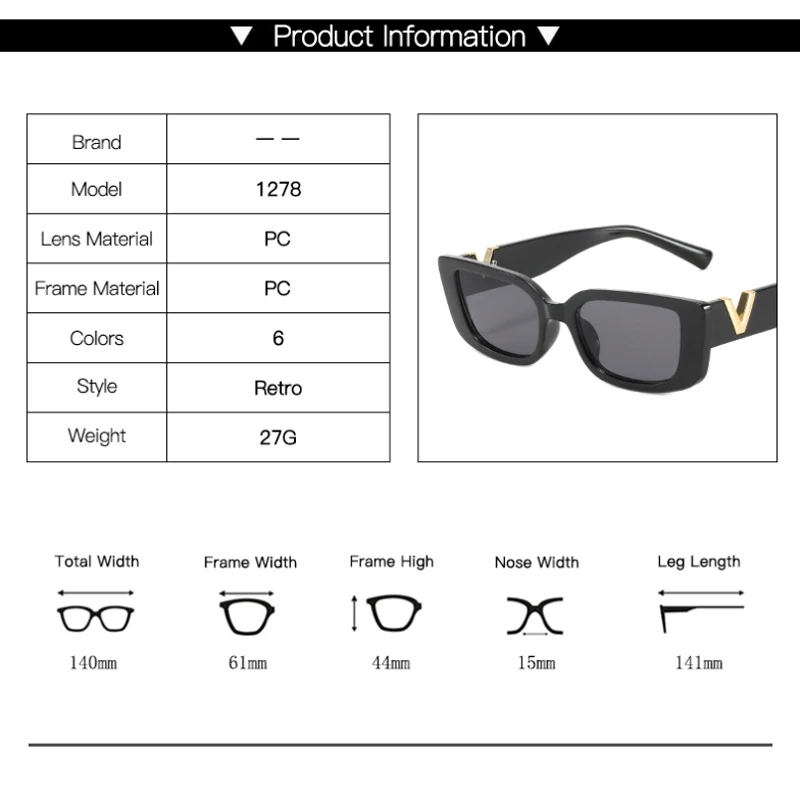 New Sunglasses Metal V Square Fashion Sunglasses Lady Retro Street Photo Candy Colored Glasses Ins