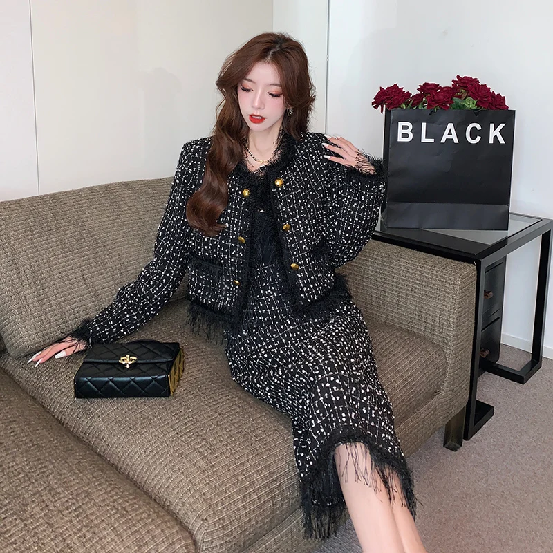 Autumn and Winter New French Style Women's Suit Jacket Skirt Design Tassel Office Lady Short Suit Top Long Skirt Tow-piece Set