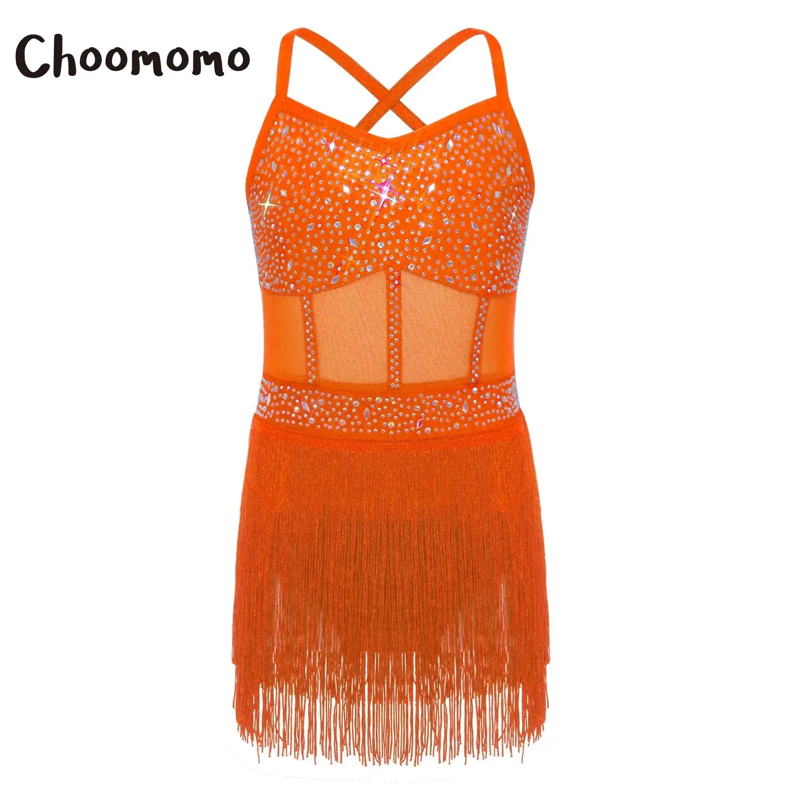 

Kids Girls Rhinestone Latin Tango Dance Leotard Dress Sheer Mesh Patchwork Tiered Tassel Fringed Bodysuit Dress Jazz Salsa Dress