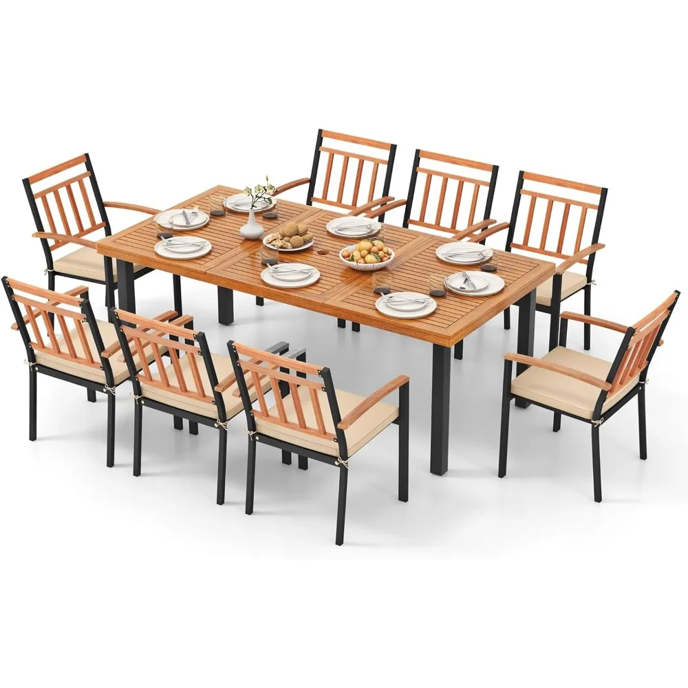 

9 Pieces Patio Dining Set, Outdoor Acacia Wood Table and Chairs with Soft Cushions and 1.9” Umbrella Hole, Outdoor Patio Furnit