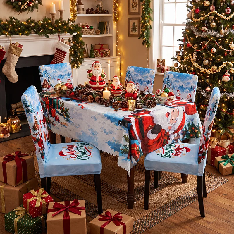 5/7-Piece Festive Atmosphere Suits Christmas Tablecloth Chair Cover Set Digital Printed Christmas Decorations Tablecloths