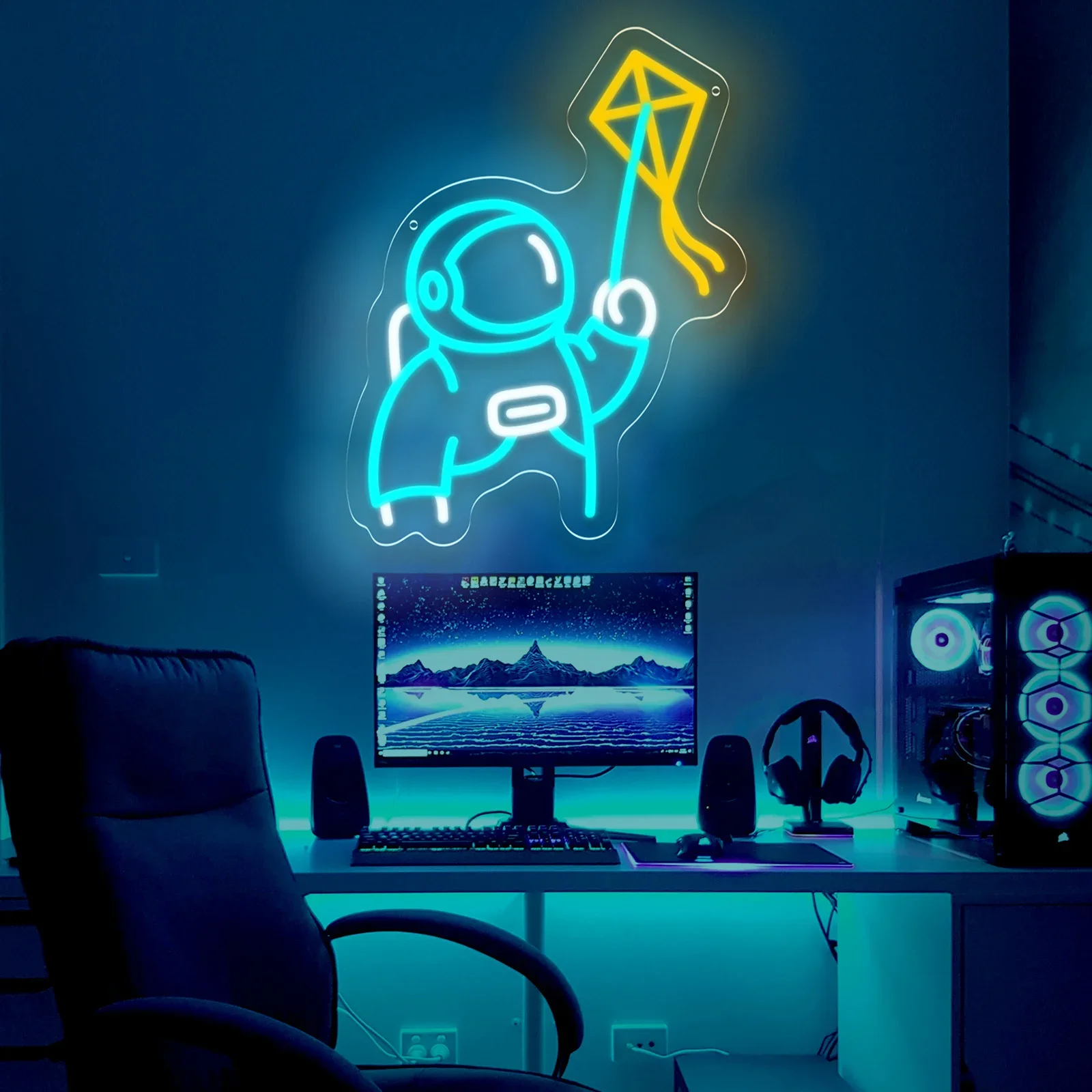 Astronaut Kite Neon Sign USB Powered LED Neon Light Sign Dimmable for Kids Room Amusement Park Bedroom Decor Space Theme Gift