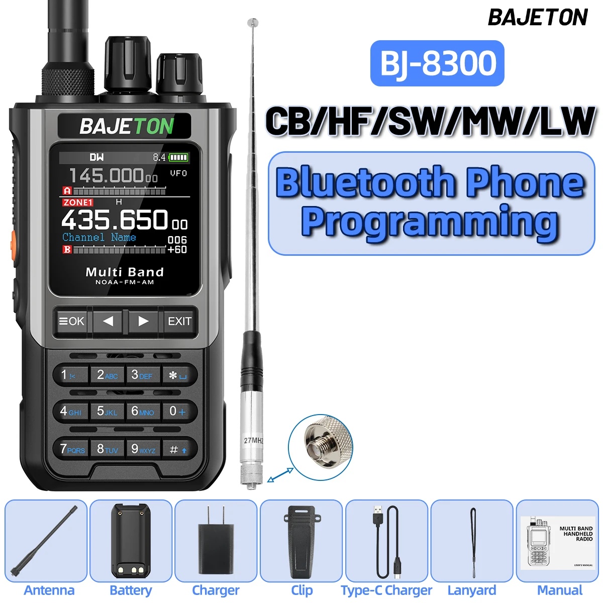 BAJETON BJ-8300 Walkie Talkie 10W Tri Power SW MW LW AM SSB CB Ontvangen Draadloze Bluetooth Telefoon Programmering NOAA twee Manier Radio