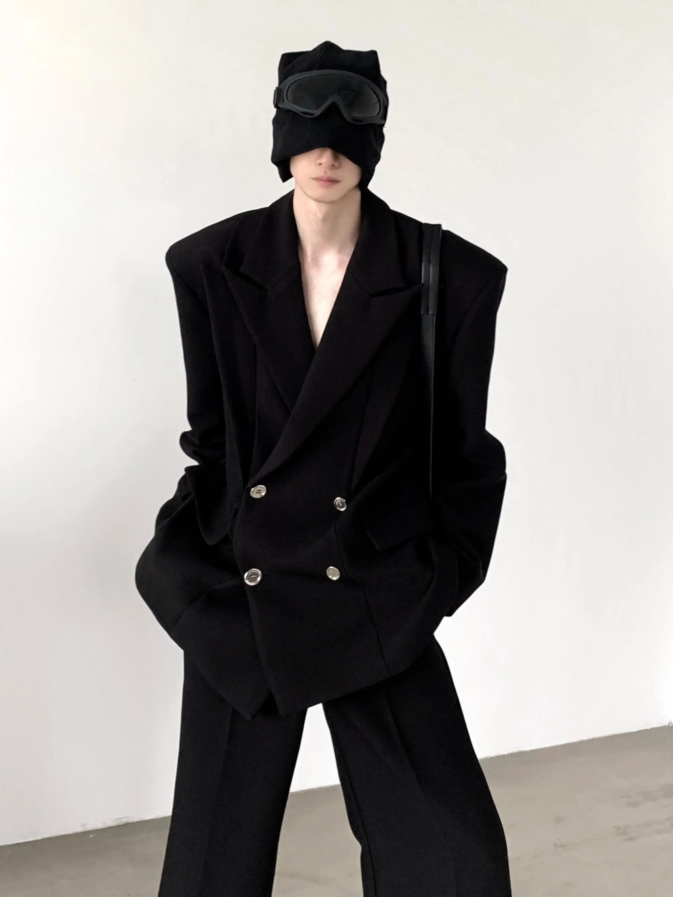 Black Shoulder Pad Suit Jacket for Men Casual Double Collar Loose Fit Autumn Fashion Trendy Chinese Brand Youth Popular Style