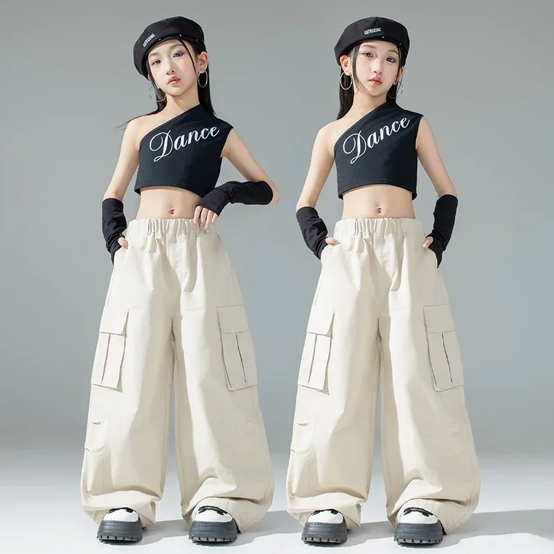 

Hip Hop Jazz Dance Suit For Girl Khaki Shuffle Pants Kpop Crop Tops Model Show Stage Wear Kid Fashion Street Dance Outfit