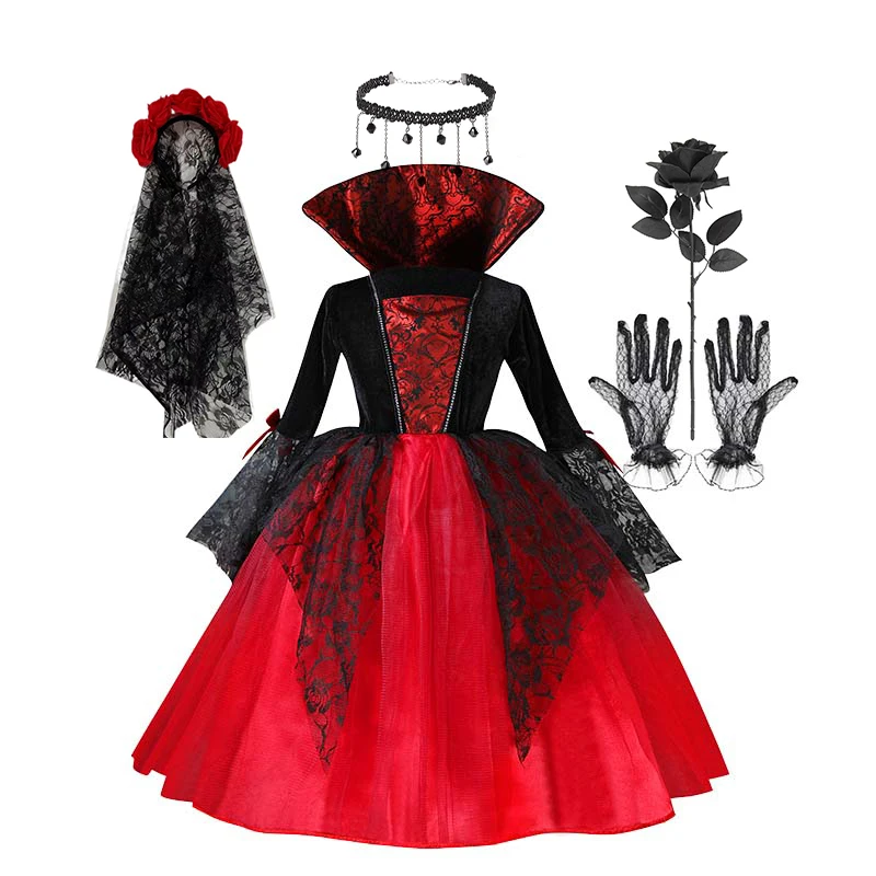 Girl Vampire Halloween Dress For Kid Ghost Bride Gothic Cosplay Vampire Costume Count Vampiran Carnival Outfit Black Red Clothes image 5