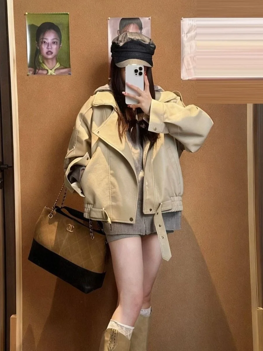 Kurtka skórzana damska Thiened Fce Jesień Zima Nowa Moda Harajuku Długa Luźna Kurtka Motocyklowa z Zamkiem Błyskawicznym...