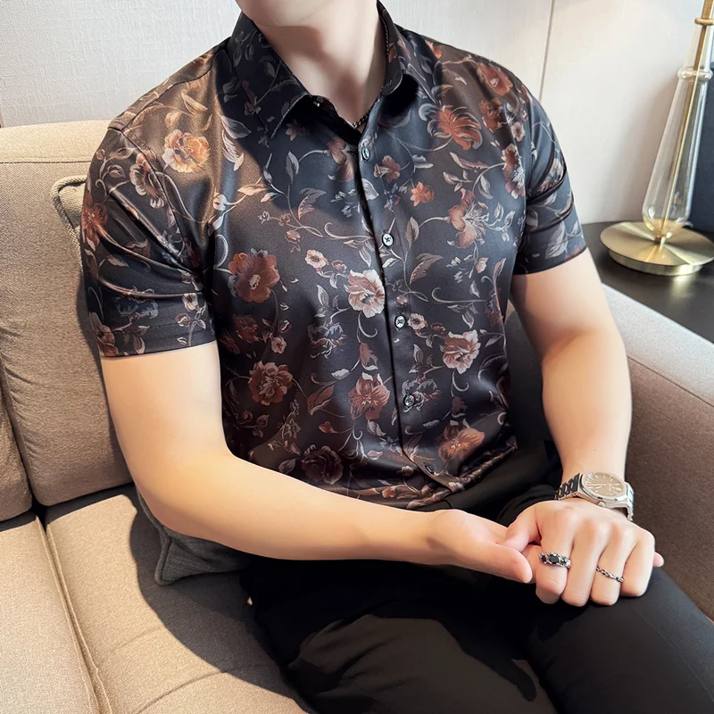 

Новые летние рубашки с цветочным принтом в стиле ретро, роскошные модные мужские рубашки высокого качества, тонкие деловые повседневные универсальные рубашки с коротким рукавом, мужская одежда