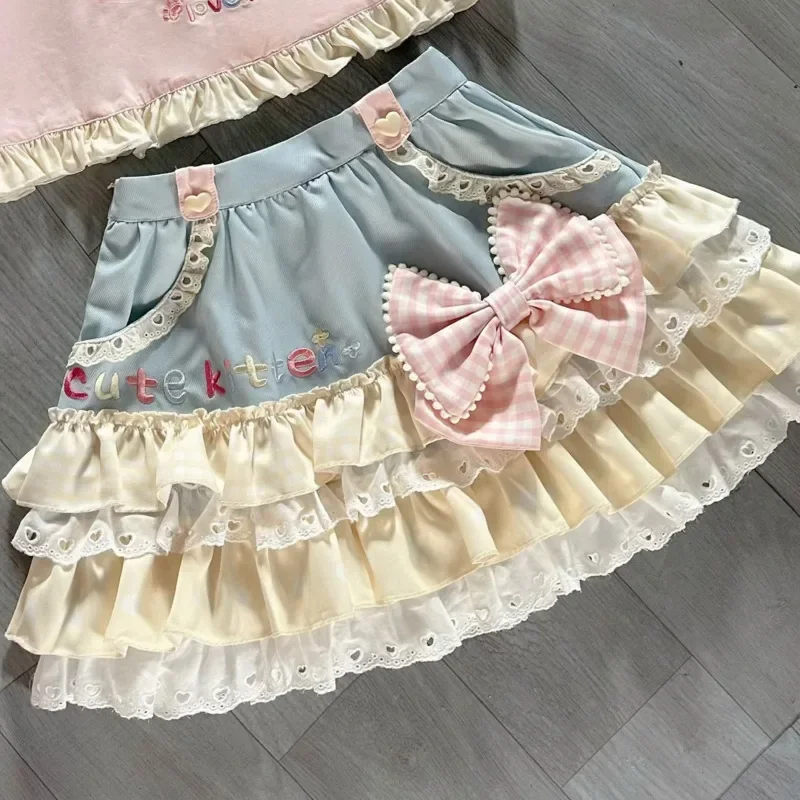 

Y2K JK Lolita Japan Kawaii Girl Cute Sweet Lace T-shirt Lolita Print Tops Bow Cake Blouse A-line Spliced Cake Skirt New Chic