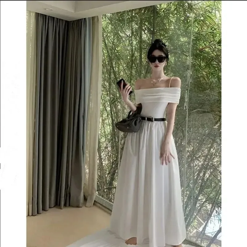 

Women's Elegant White Pleated Maxi Skirt High Waist A-Line Flowy Long Skirt