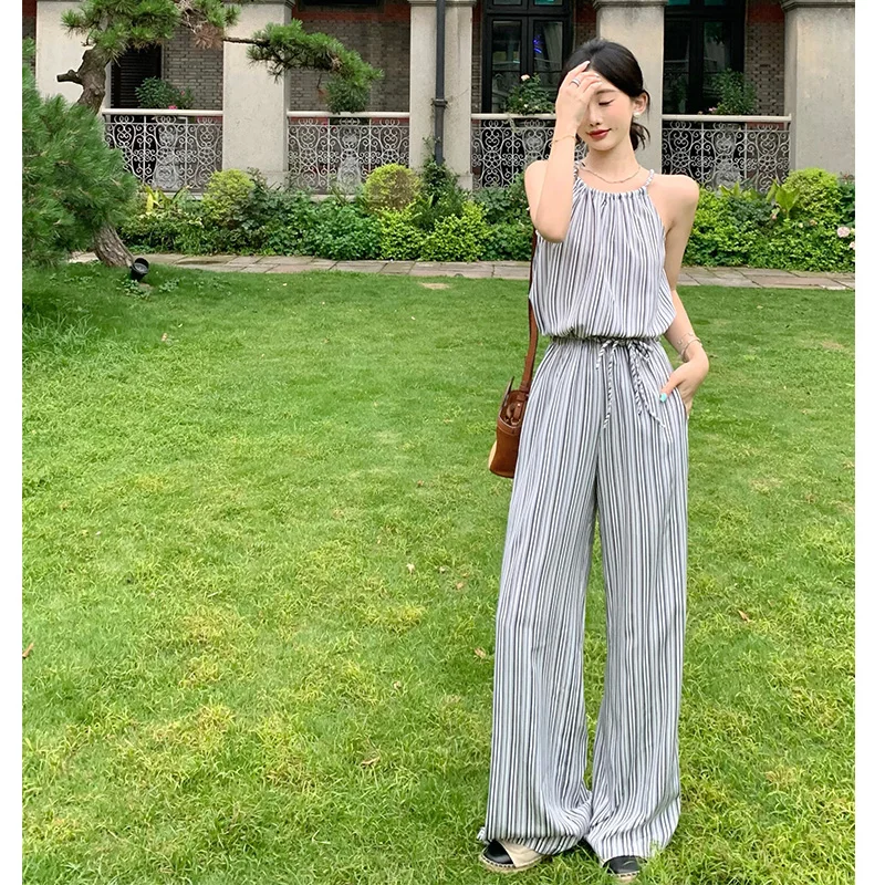 

Дорожный комплект, женский винтажный элегантный жилет для похудения в вертикальную полоску с поясом, высокая талия, широкие брюки, прямой крой, комбинезон, длинные брюки